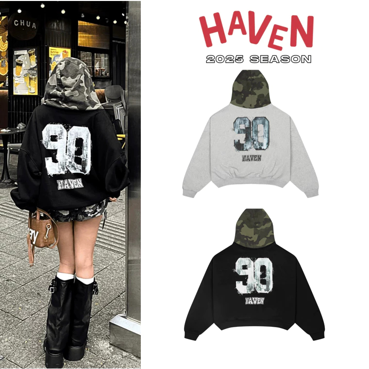 Áo Khoác HAVEN Hoodie Nỉ Nam Nữ Form Rộng Có Nón Camo Rằn Ri In Số 90 chất nỉ mềm mịn