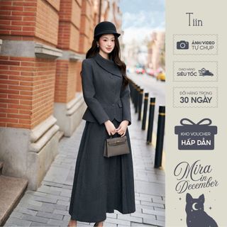   BST Mira  TIINSTORE Áo dạ thiết kế cổ cách điệu cài khuy phối Chân váy dạ xếp ly thanh lịch ADD.2510.369 CDD.2510.370 