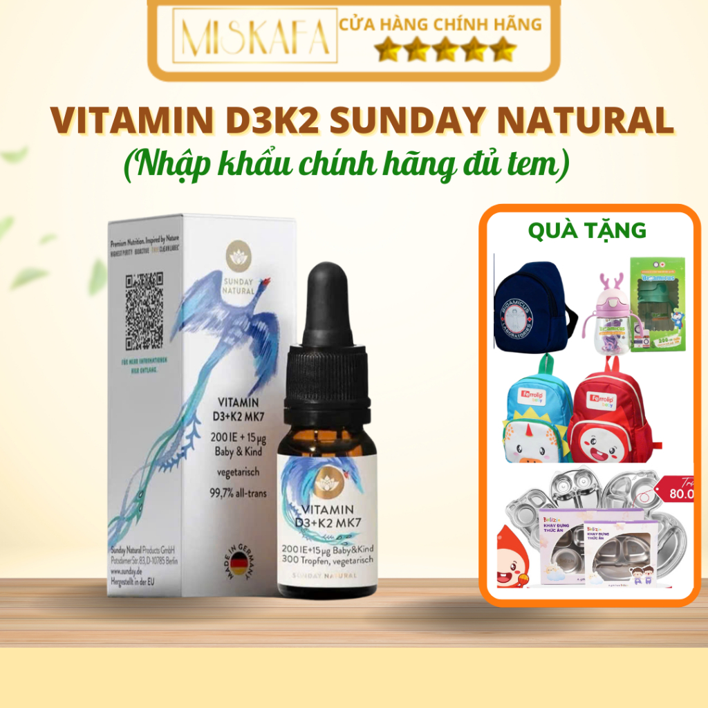 Vitamin D3K2 Sunday Natural Chay thường Tăng Hấp Thu Canxi, Vitamin d3k2 Đức lọ 10ml Chính hãng