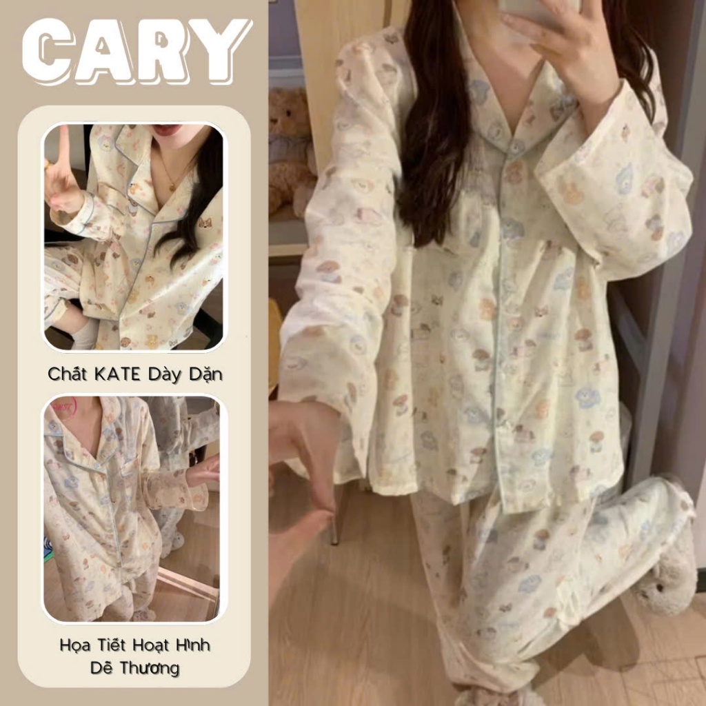 Bộ mặc nhà pyjama tay dài quần dài thu đông họa tiết hoạt hình dễ thương set đồ bộ - đồ ngủ dài pija