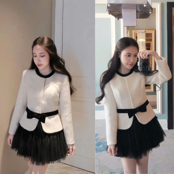 KAMI SHOP - Sét áo cổ tròn phối nơ đen và chân váy dáng bum