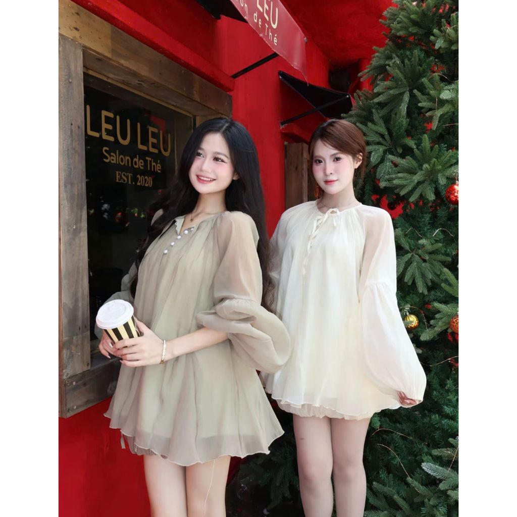 Set Áo Tơ Babydoll Tay Phồng Bí Form Giấu Quần Kèm Váy Ngắn Kieupham.shop | BigBuy360 - bigbuy360.vn