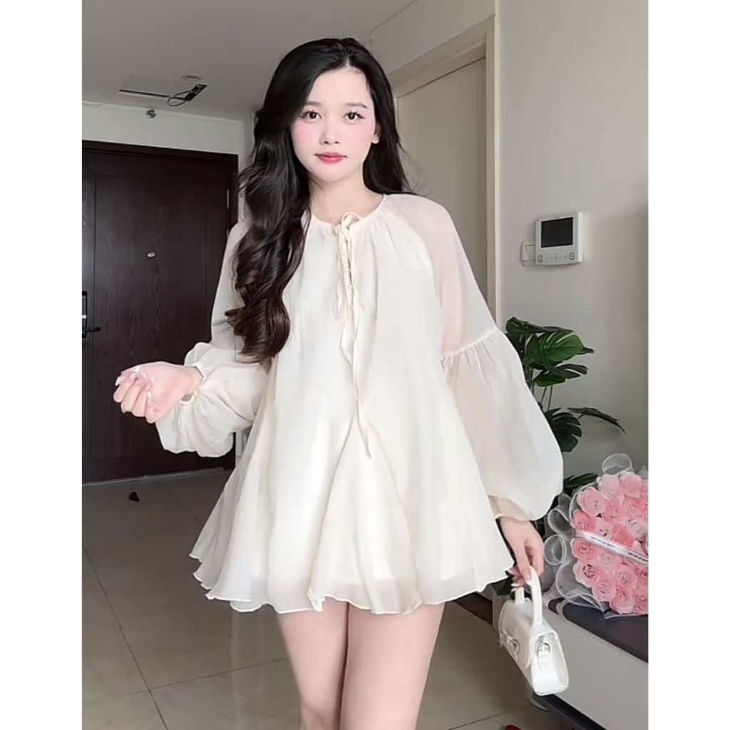 Set Áo Tơ Babydoll Tay Phồng Bí Form Giấu Quần Kèm Váy Ngắn Kieupham.shop | BigBuy360 - bigbuy360.vn