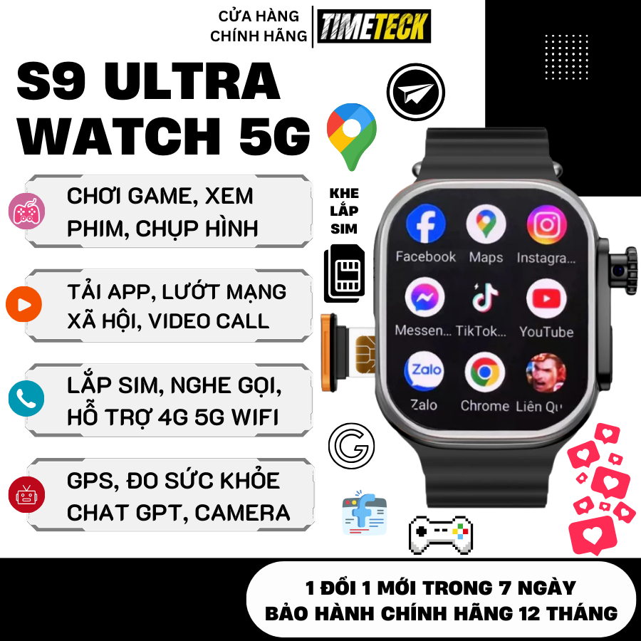 Đồng hồ thông minh S9 ULTRA 5G – Lắp SIM, Nghe gọi, Camera xoay, Tải App CH Play, RAM 2GB BH12T