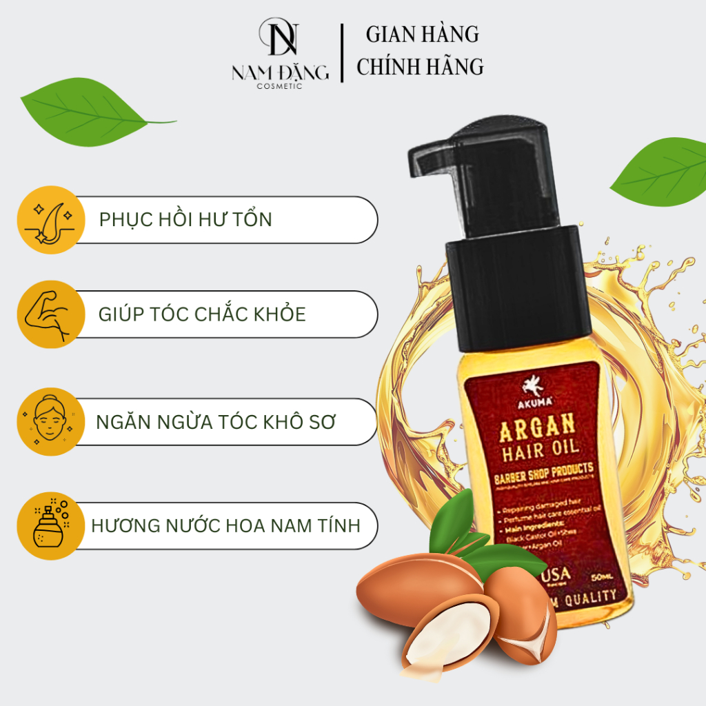 Tinh dầu dưỡng tóc AKUMA Argan Hair Oil 50ml giúp tóc chắc khỏe, bóng mượt, hương nước hoa nam tính