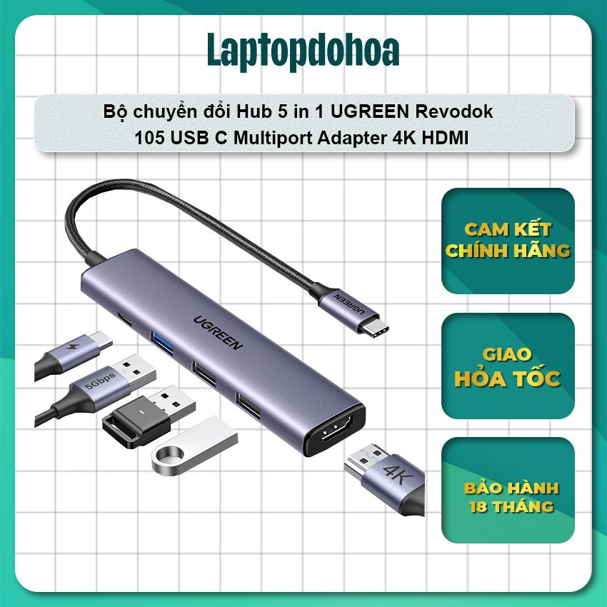 Bộ chuyển đổi Hub 5 in 1 UGREEN Revodok 105 USB C Multiport Adapter 4K@30Hz HDMI Chính Hãng bảo hành
