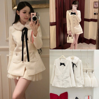   Chuẩn L1 Kèm Cổ Lông Set Áo Dạ Tweed Tay Dài Đính Cúc Đá 2 Túi Kèm 2 Kiểu Nơ Mix Chân Váy Lưới Xếp Li Tầng Xoè Tiểu Thư 