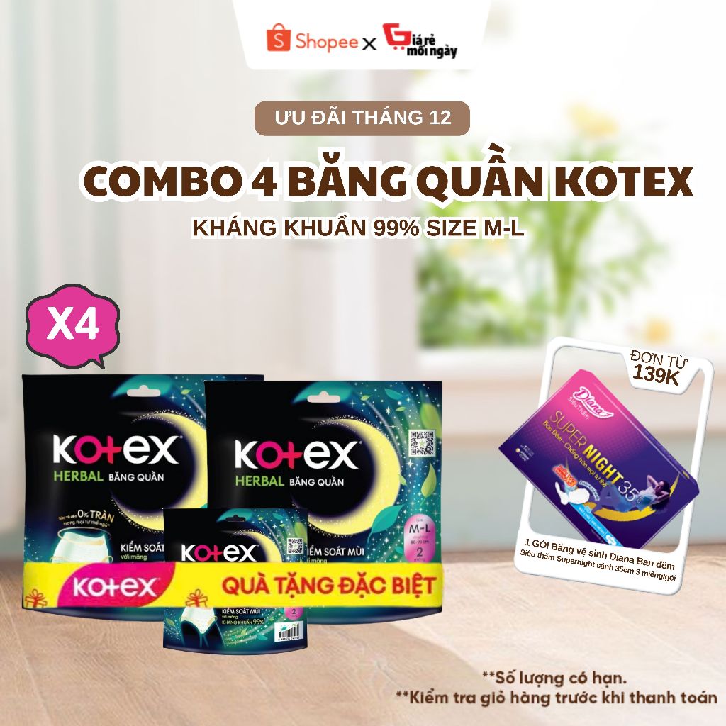 COMBO 4 GÓI BĂNG VỆ SINH DẠNG QUẦN KOTEX HERBAL BAN ĐÊM SIZE M/L (2 MIẾNG/GÓI)
