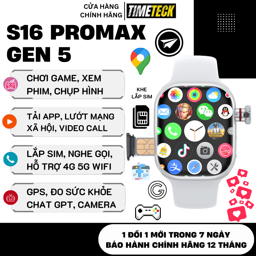 Đồng hồ thông minh lắp SIM S16 ProMax Gen 5 – Màn AMOLED, Wifi, CH Play, Tải ứng dụng