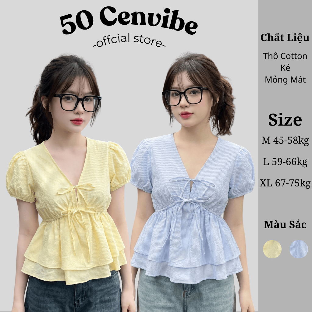 Áo Kiểu Nữ Cổ Tim Buộc Dây Nơ Dáng Babydoll Tay Chun Có Bigsize 45-75kg Phong Cách Korea (50 Cenvibe