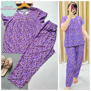    BIGSIZE 50-75 KÝ  Bộ tole lanh nữ mặc nhà bộ tole lanh trung niên quần dài 90 cm áo cổ V phối 3 nút kiểu tay cộc 