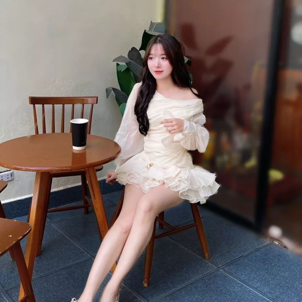 (Có Bigsize) Váy Thiết Kế Lệch Vai Tay Dài Phồng Đính Nơ Dự Tiệc Cao Cấp Kieupham.shop | BigBuy360 - bigbuy360.vn