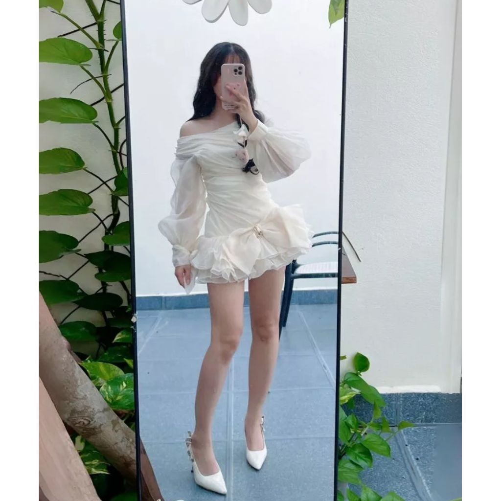 (Có Bigsize) Váy Thiết Kế Lệch Vai Tay Dài Phồng Đính Nơ Dự Tiệc Cao Cấp Kieupham.shop | BigBuy360 - bigbuy360.vn