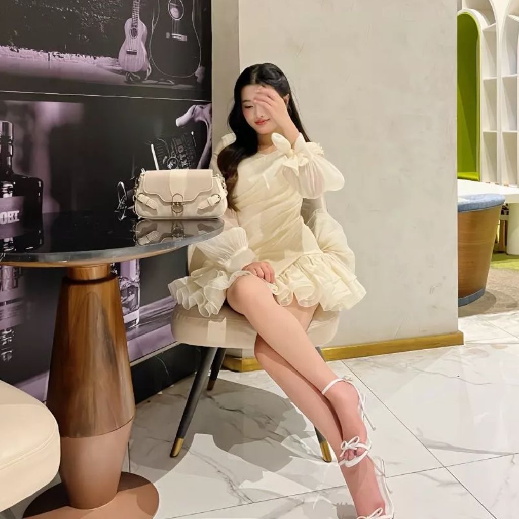 (Có Bigsize) Váy Thiết Kế Lệch Vai Tay Dài Phồng Đính Nơ Dự Tiệc Cao Cấp Kieupham.shop | BigBuy360 - bigbuy360.vn