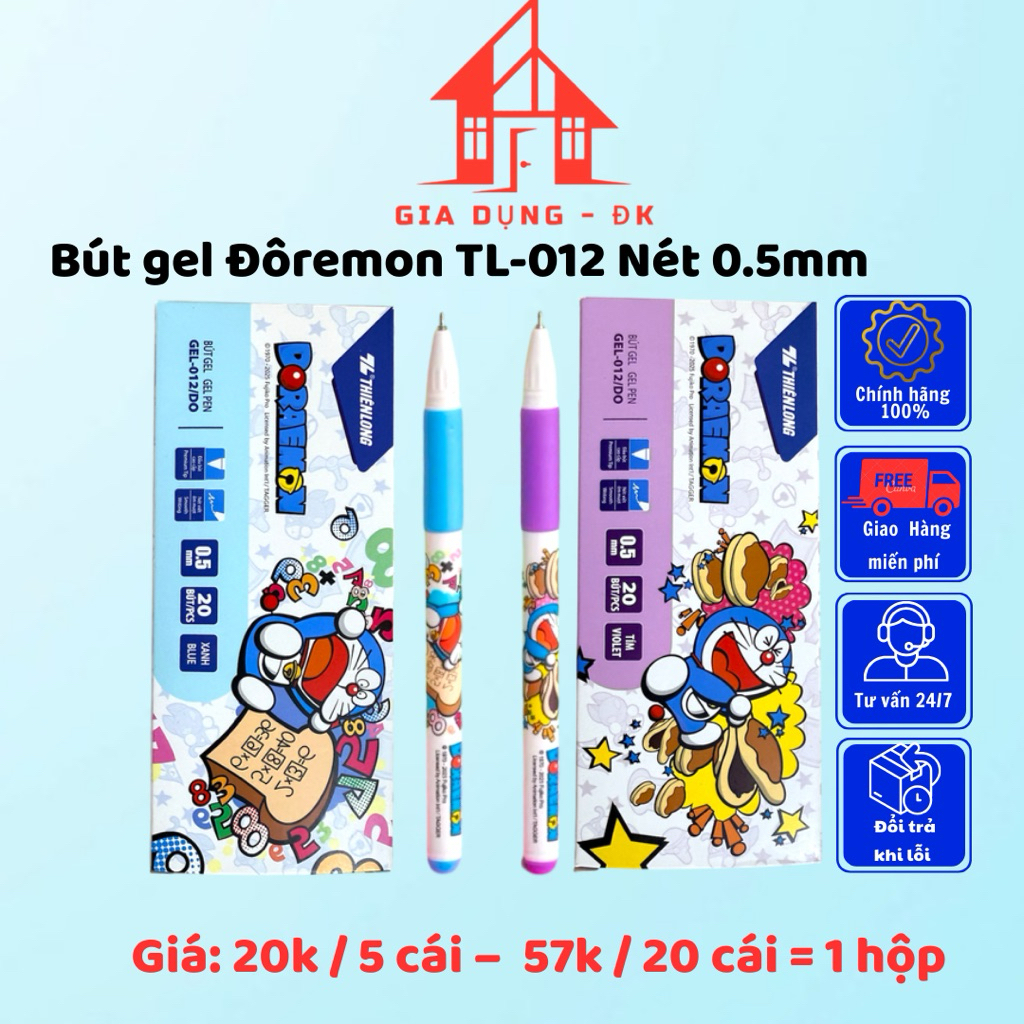 Bút Gel Doraemon TL-012 Nét 0.5mm Mực Xanh/Tím Bộ 5/20 Cây Thân In Hình Dễ Thương (Mực Ra Đều, Viết 