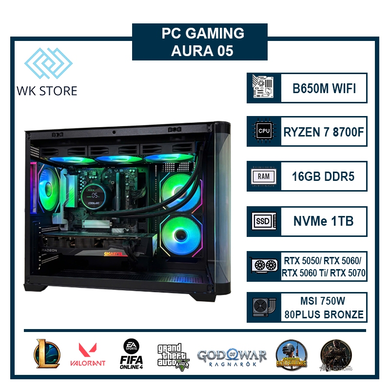 Thùng PC Gaming Aura 05, Ryzen 7 8700F | 16GB DDR5, NVMe 1TB | VGA RTX 5050 / 5060 / 5060 Ti / 5070,