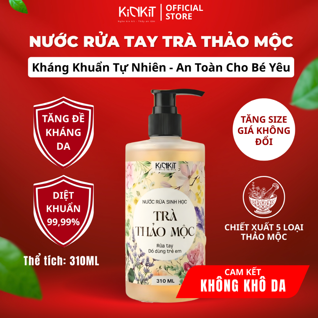 Nước Rửa Tay Hữu Cơ Trà Thảo Mộc KinKít Diệt Khuẩn, Khử Mùi, Dưỡng Ẩm Da Tay, An Toàn Cho Bé 310ML