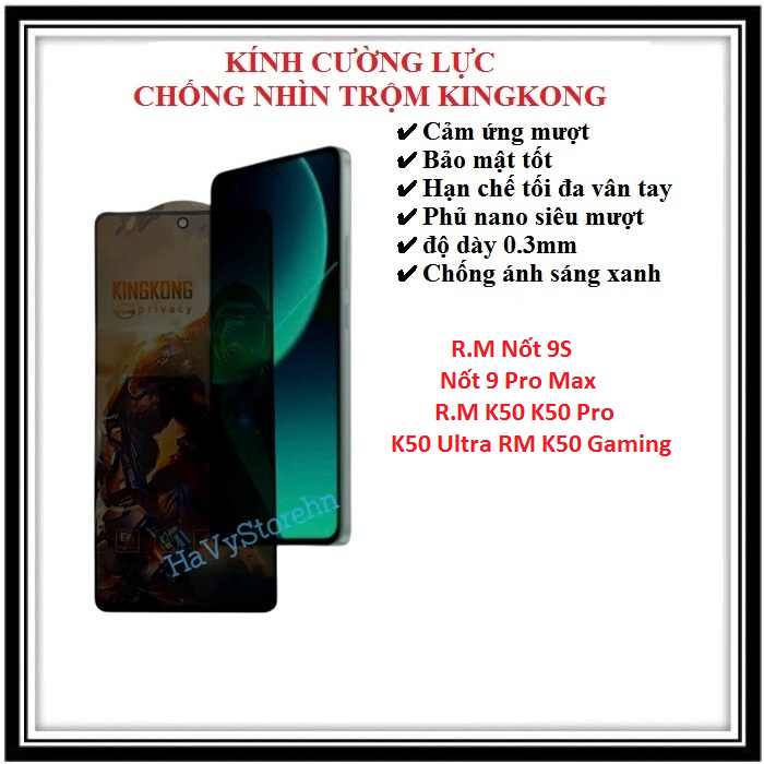 Kính cường lực KingKong Chống nhìn trộm cho Redmi Note 9S / 9 Pro Max / K50 / K50 Pro / K50 Ultra / 