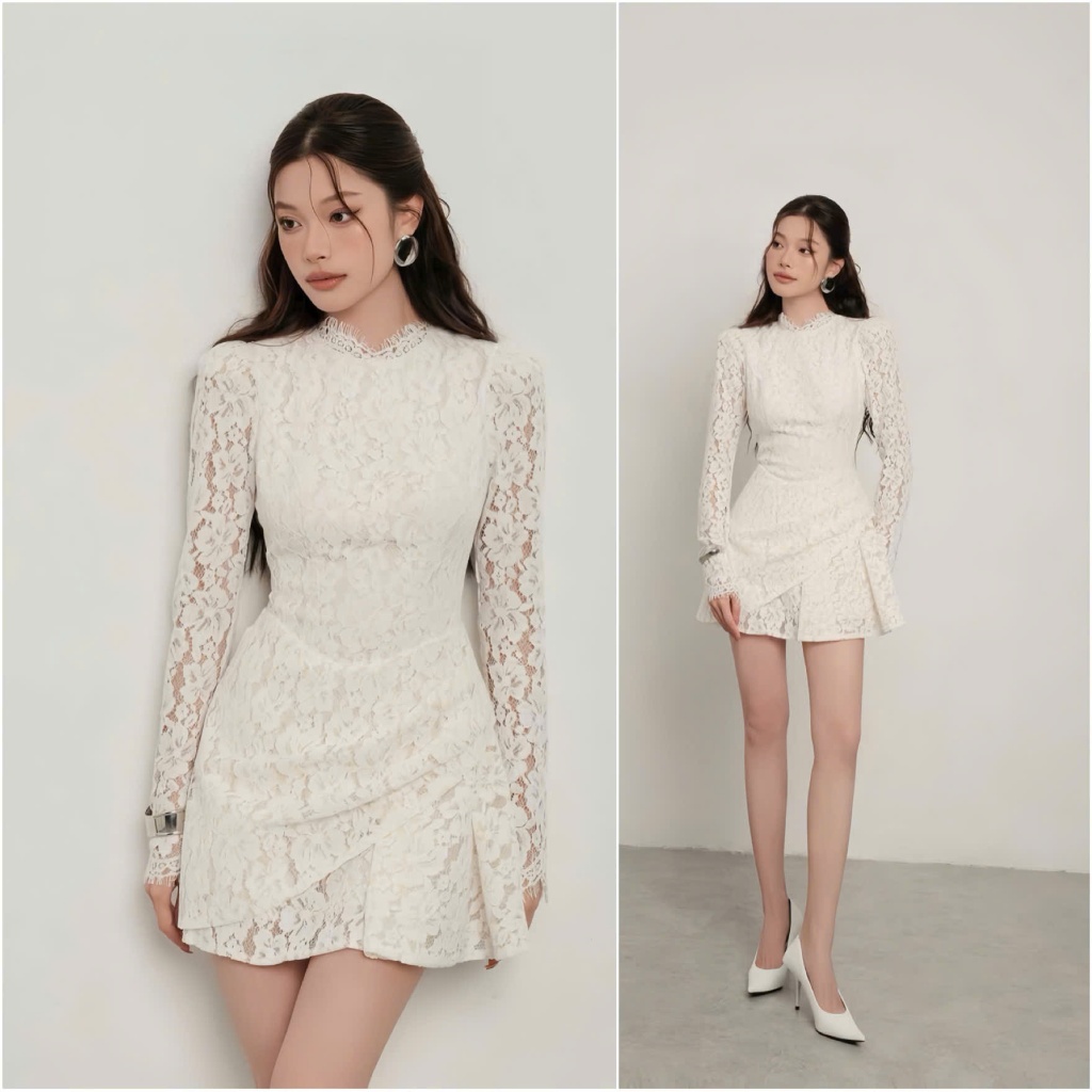 Đầm Ren Dự Tiệc Tay Dài A134 Tà Xéo Xếp Nhún Che Bụng Tôn Dáng - Akara Closet