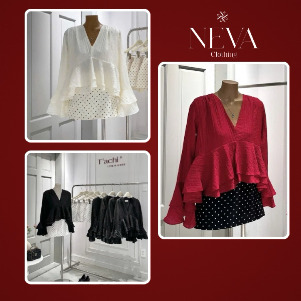 NEVA CLOTHING - (Hàng sẵn) 509 SET ÁO CỔ V TAY LOE + CV CHẤM BI 3 MÀU