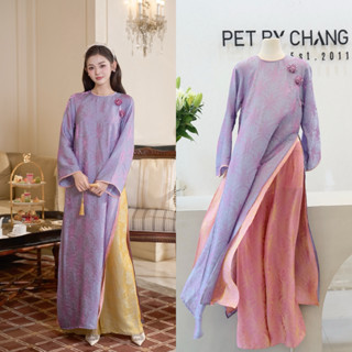  PETBYCHANG -  Áo dài Lam Nhã dáng suông 4 tà phối 2 sắc tím hồng – form 4 tà – dáng mềm bay – chụp ảnh Tết du xuân 