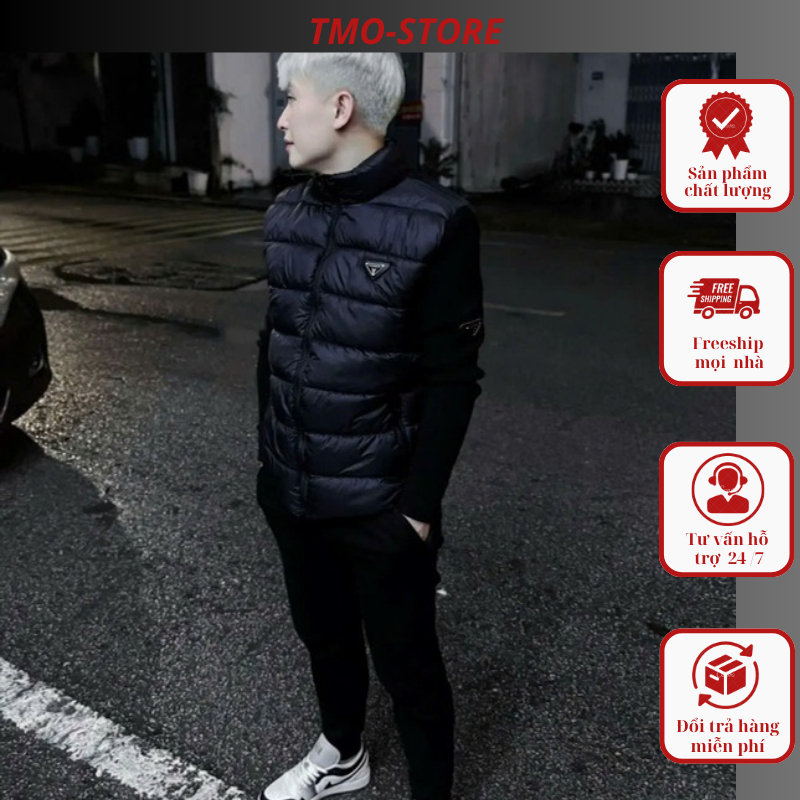 Áo Phao Trần Bông Phối Tay Nỉ PRADA Bản Cổ Đứng, Áo Phao Tay Len Logo Sắt Siêu Net