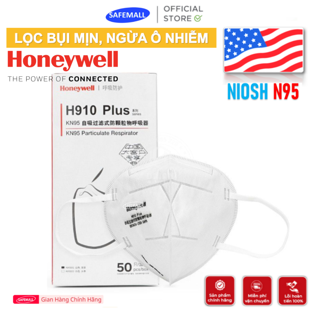 Khẩu trang Honeywell H910 Plus tiêu chuẩn KN95, lọc bui siêu mịn, chống ô nhiễm không khí SAFEMALL