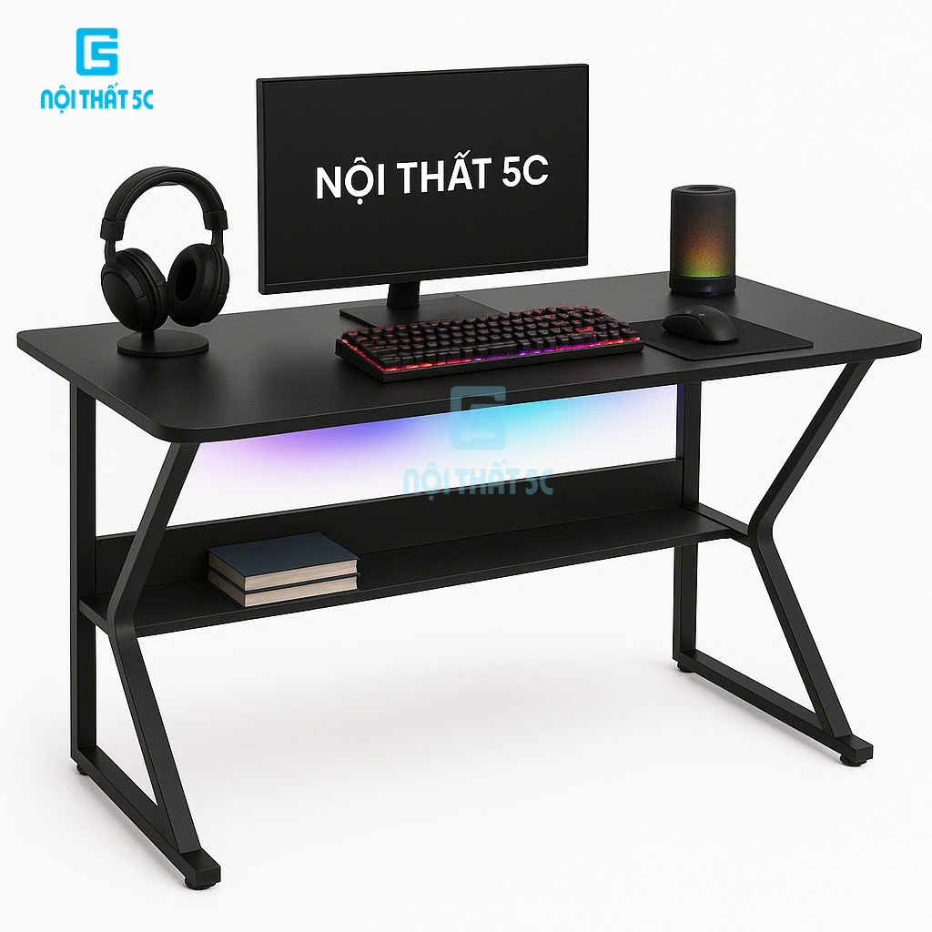 Bàn gaming, bàn làm việc Nội Thất 5C thiết kế hiện đại,kèm LED kèm kệ ửng để đồ tiện lợi thông minh 