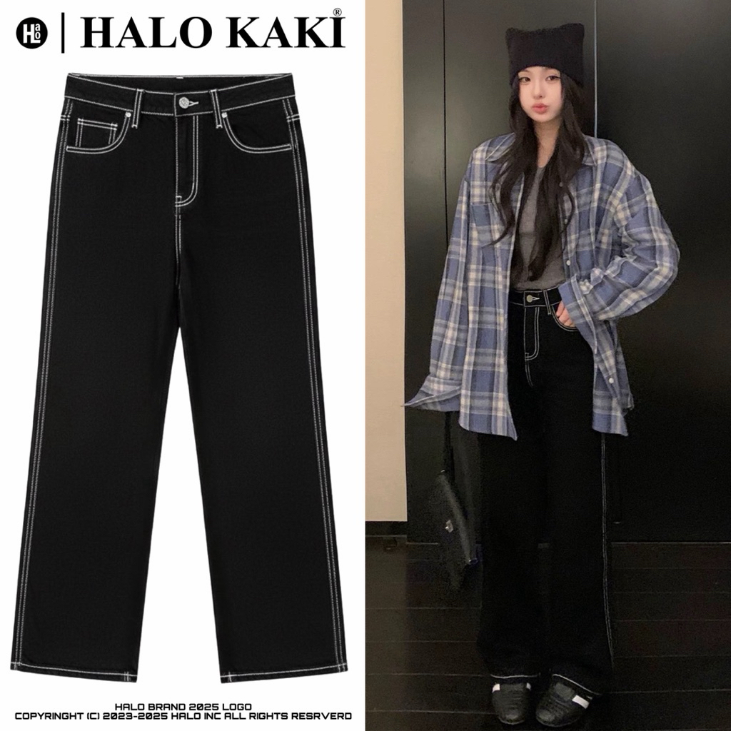 JEANS ĐEN CHỈ NỔI -  Quần jeans ống rộng chỉ nổi form  phủ gót chùm giày hàng quảng châu cao cấp HALO KAKI | BigBuy360 - bigbuy360.vn