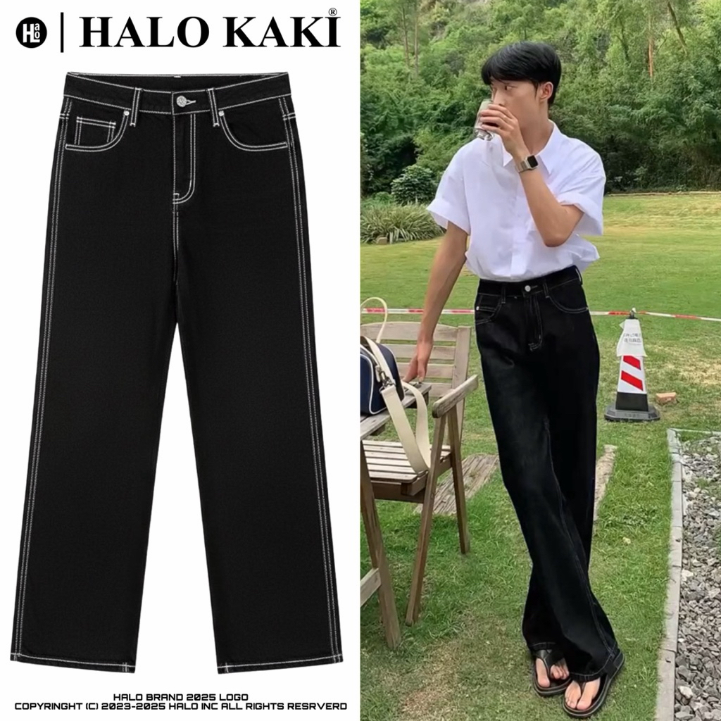 JEANS ĐEN CHỈ NỔI -  Quần jeans ống rộng chỉ nổi form  phủ gót chùm giày hàng quảng châu cao cấp HALO KAKI