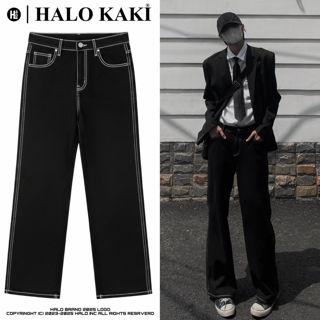JEANS ĐEN CHỈ NỔI -  Quần jeans ống rộng chỉ nổi form  phủ gót chùm giày hàng quảng châu cao cấp HALO KAKI | BigBuy360 - bigbuy360.vn