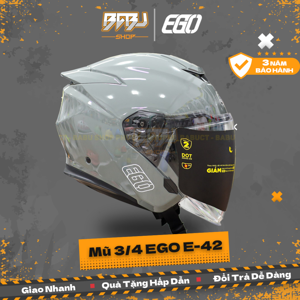 Mũ 3/4 2 Kính EGO E42 Plus Xám Xi Măng Bóng Chuẩn DOT Kiểu Dáng Đẹp