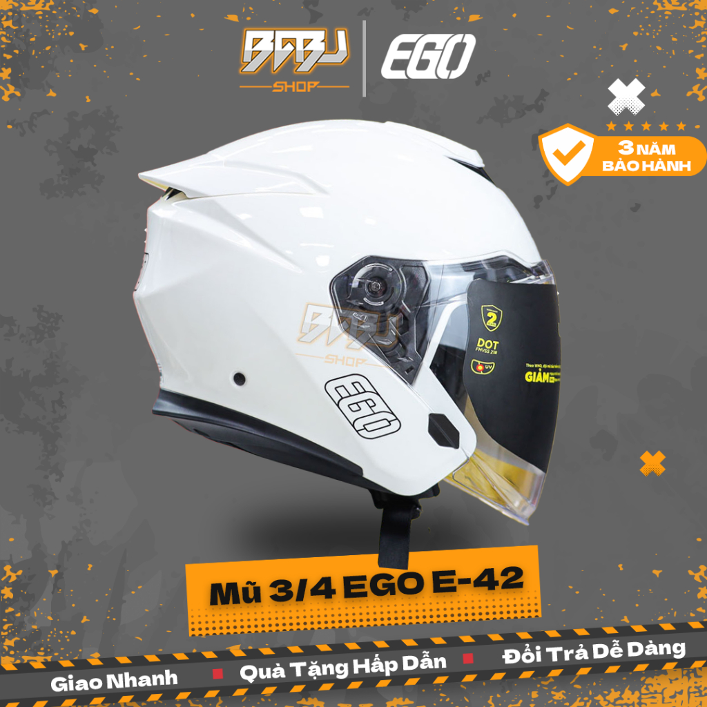 Mũ 3/4 2 Kính EGO E42 Plus Trắng Bóng Chuẩn DOT Kiểu Dáng Đẹp