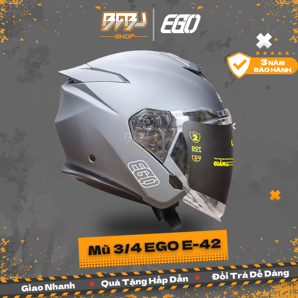 Mũ 3/4 2 Kính EGO E42 Plus Xám Titan Nhám Chuẩn DOT Kiểu Dáng Đẹp