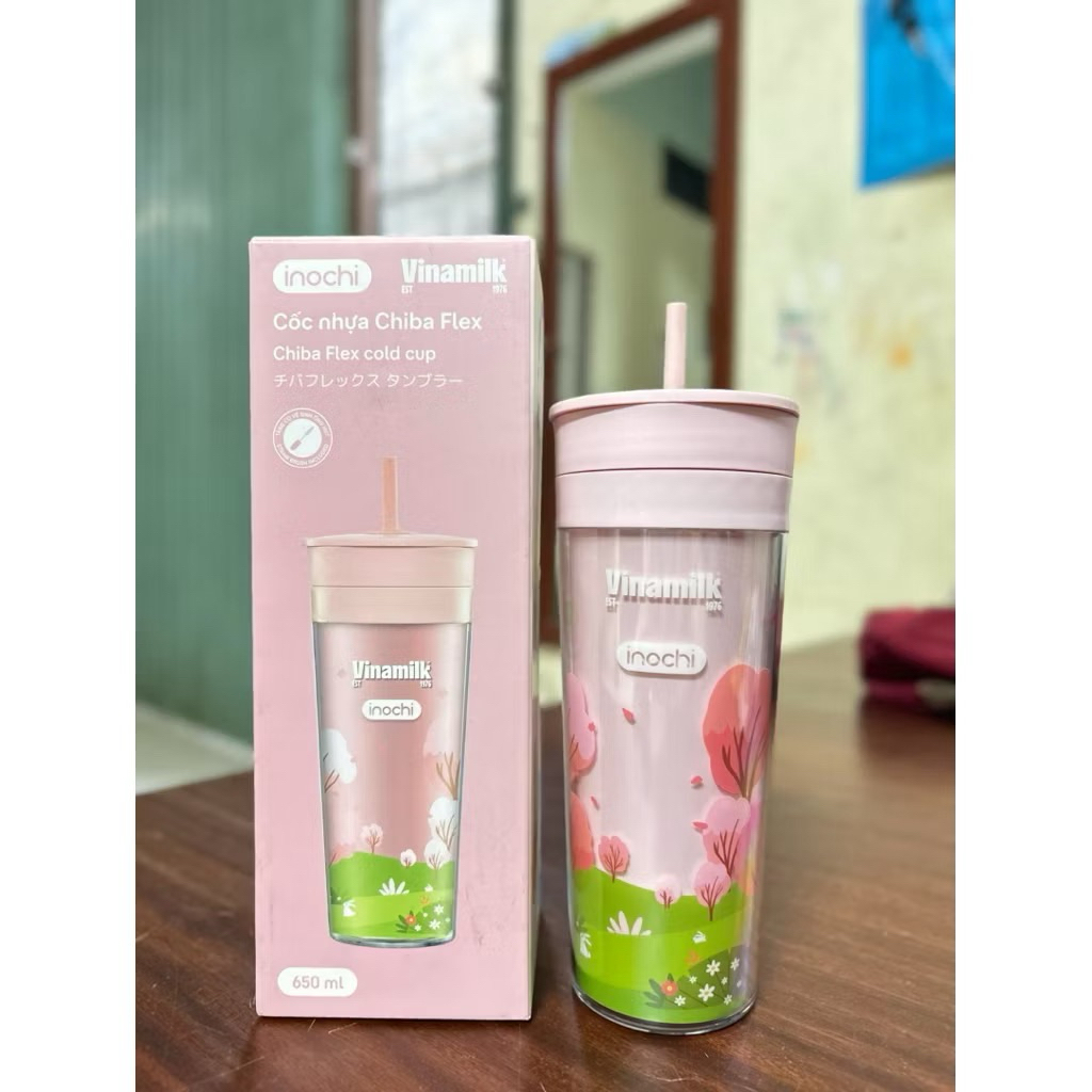 cốc nhựa 2 lớp có nắp ,ống hút chiba flex 650ml inochi hkm vinamilk🍇🍇freeship🫛🫛hkm sữa