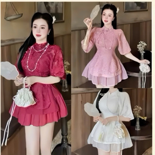   BÈO BÉO BIGSIZE   SET BỘ TẾT CÁCH TÂN TƠ LÔNG DÁNG NGẮN CỔ TÀU PHỐI CHÂN VÁY XOÈ FORM BIGSIZE 60-90KG 