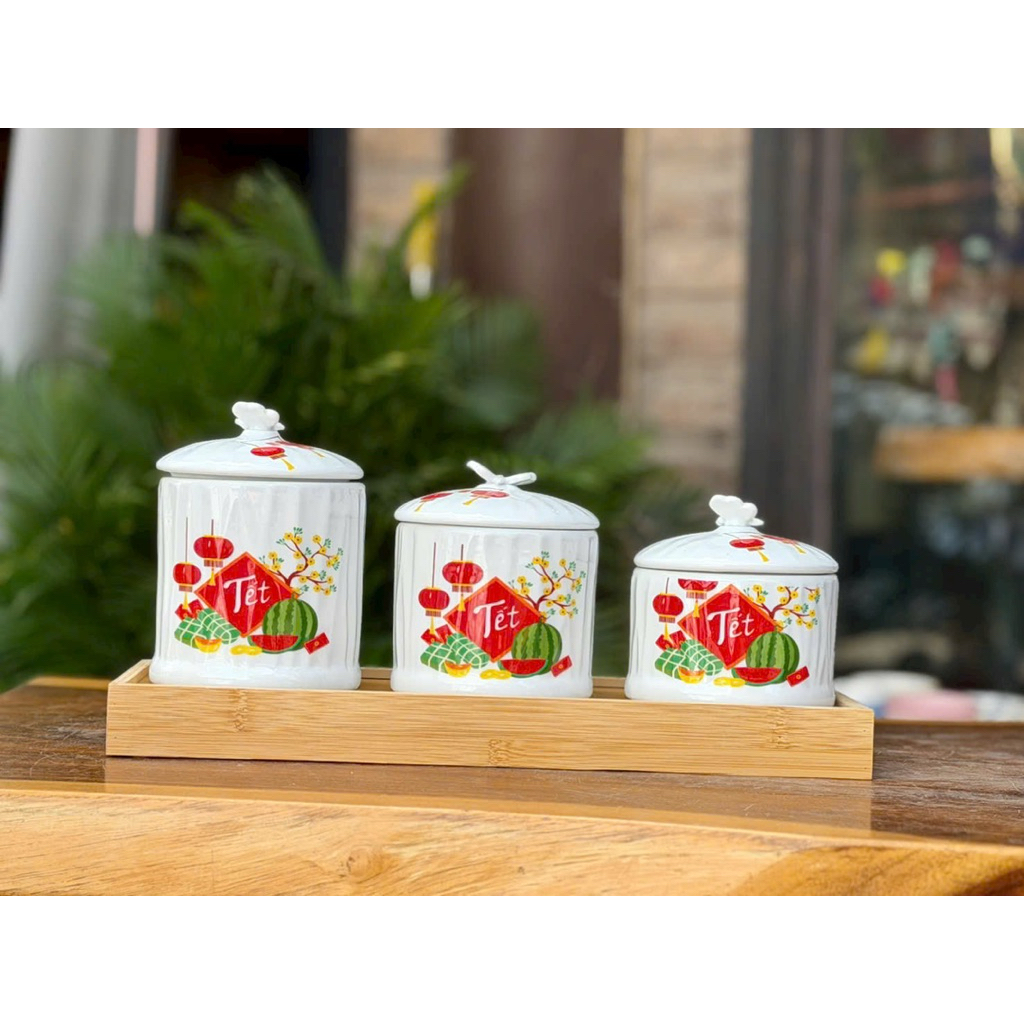 Hũ Đựng Mứt Kẹo Tết Mẫu Mới Hũ Mứt Kèm Khay Gốm Bát Tràng Thủ Công