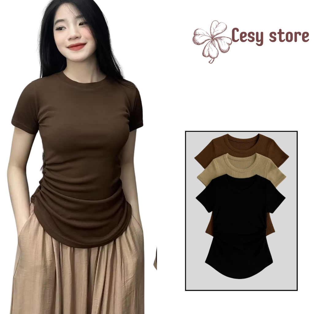 Áo thun nữ ôm body Cesy , áo nhún eo cộc tay 271