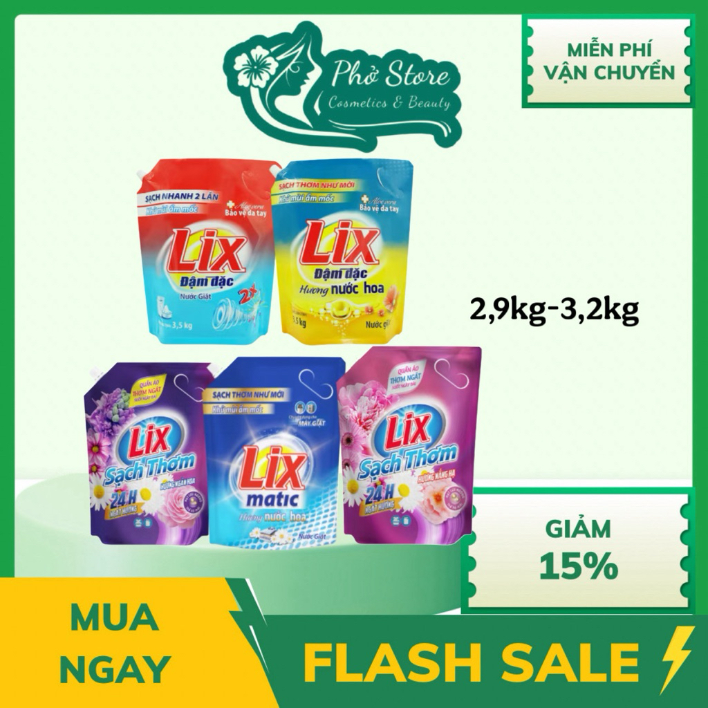 Nước Giặt Lix Sạch Thơm Túi 3.5kg, LIX Matic, Đậm Đặc 3.2kg