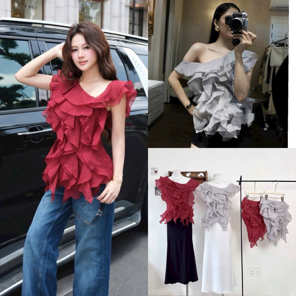 ( Sam’s Clothing ) Áo nữ lệch vai tua rua bèo xinh