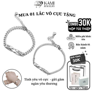  Lắc tay cặp đôi nam nữ vô cực không rỉ khắc tên miễn phí   full box + túi xách + thiệp  