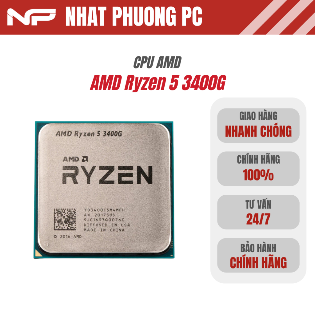 CPU AMD Ryzen 5 3400G 3.7 GHz / 6MB / 4 cores 8 threads / Radeon Vega 11 / 65W) - Hàng New - Bh 36 t