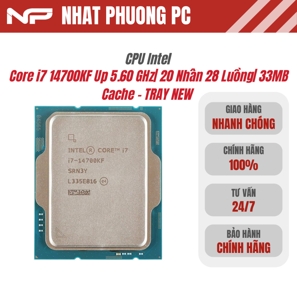 CPU Intel Core i7 14700KF Up 5.60 GHz| 20 Nhân 28 Luồng| 33MB Cache - TRAY NEW - BH 36 tháng