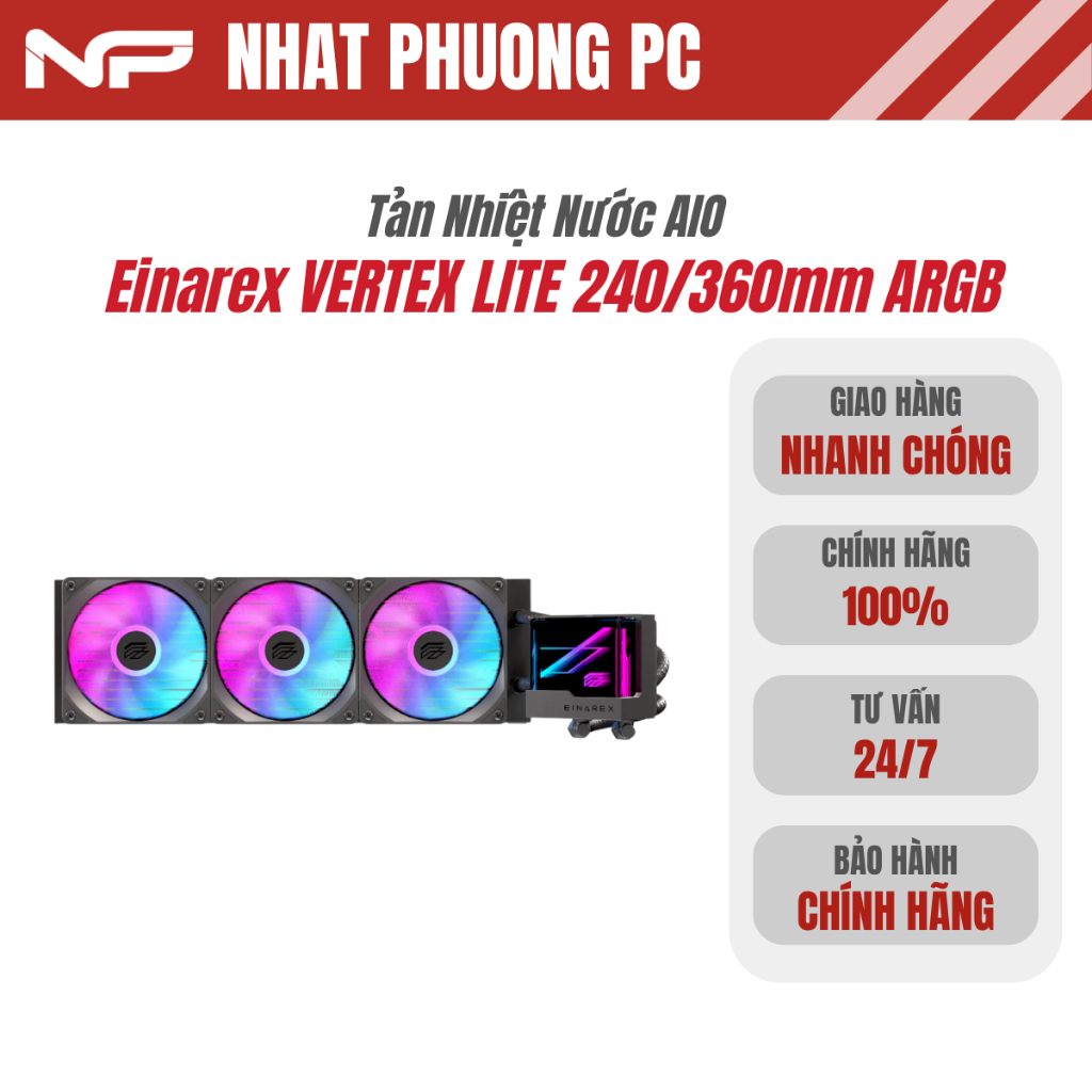 Tản Nhiệt Nước AIO Einarex VERTEX LITE 240/360mm ARGB – Fan 120mm PWM, Pump ~2800RPM