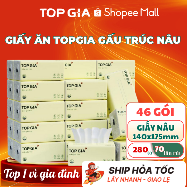 [46 GÓI] Giấy ăn gấu trúc gói rút TOPGIA giấy nâu mềm mịn, thấm hút tốt 280 tờ vân 4 lớp 70 lần rút