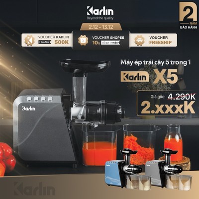 Máy Ép Chậm Karlin X5 Trục Ngang, Ép Rau Củ Không Kẹt, Dễ Vệ Sinh, Tích Hợp Xay Hạt và Làm Mì Sợi