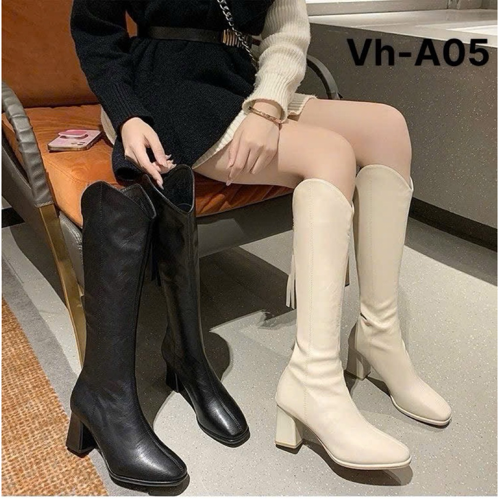 [Hàng sẵn] - Bốt đùi nữ đế 5p chất da mềm êm cổ chữ V phong cách - Tiệm Giày Quý Cô