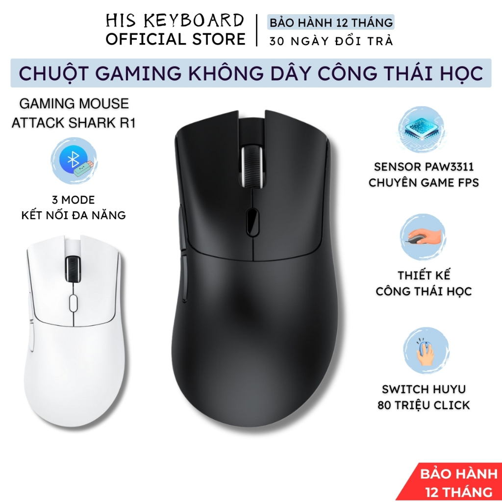 Chuột Không Dây Chuyên Game Attack Shark R1 Chip PAW3311, 18000DPI, 3 Mode, Công Thái Học, App Macro