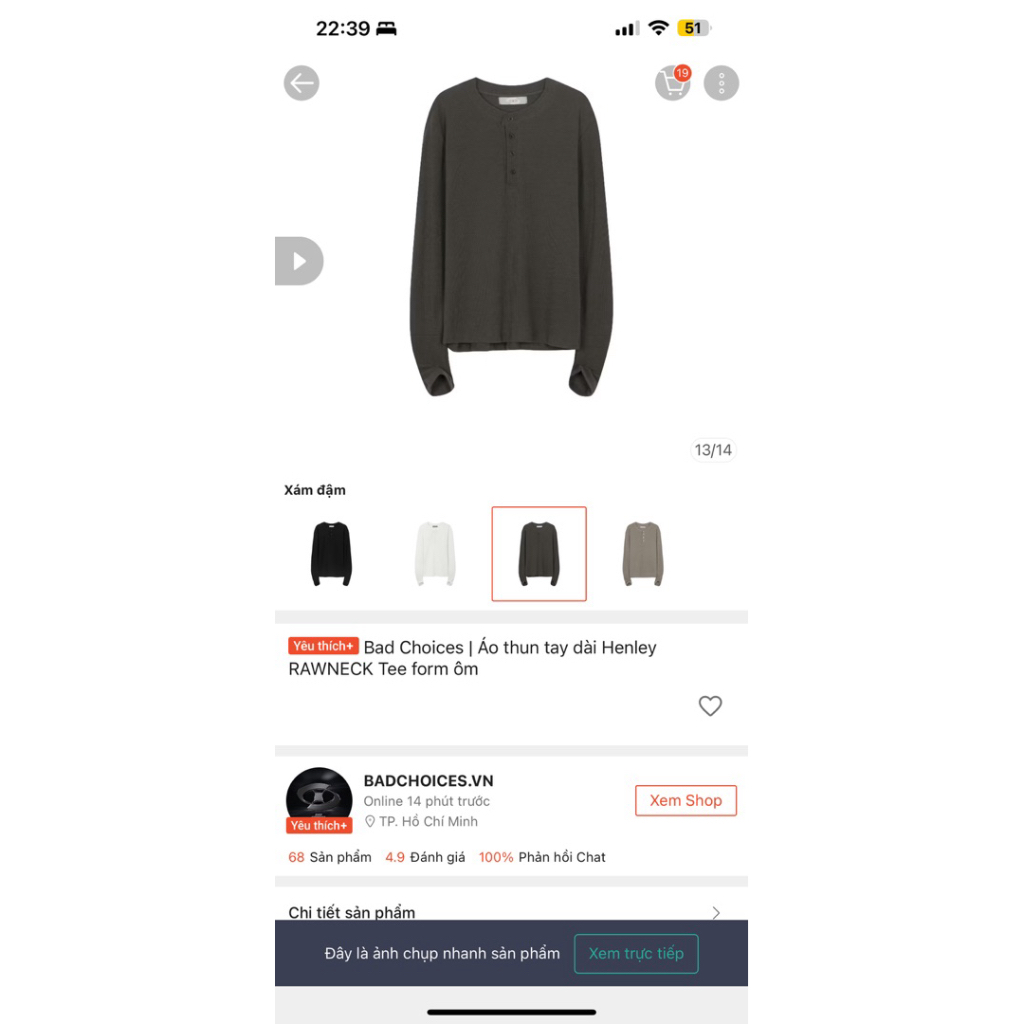 pass Áo thun tay dài Henley BadChoice chính hãng sz M