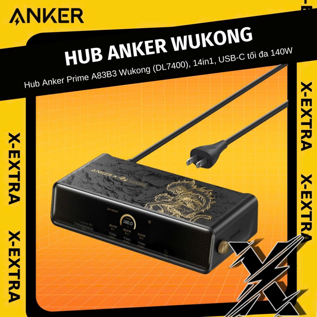 Hub Anker Prime A83B3 Wukong (DL7400), 14in1, USB-C tối đa 140W, Quạt làm mát tích hợp, Độ phân giải